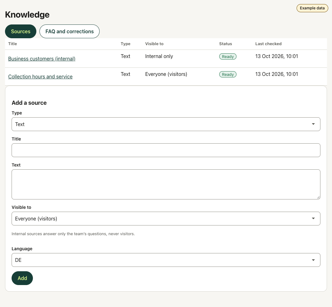 Admin: sources with their visibility, public or internal.