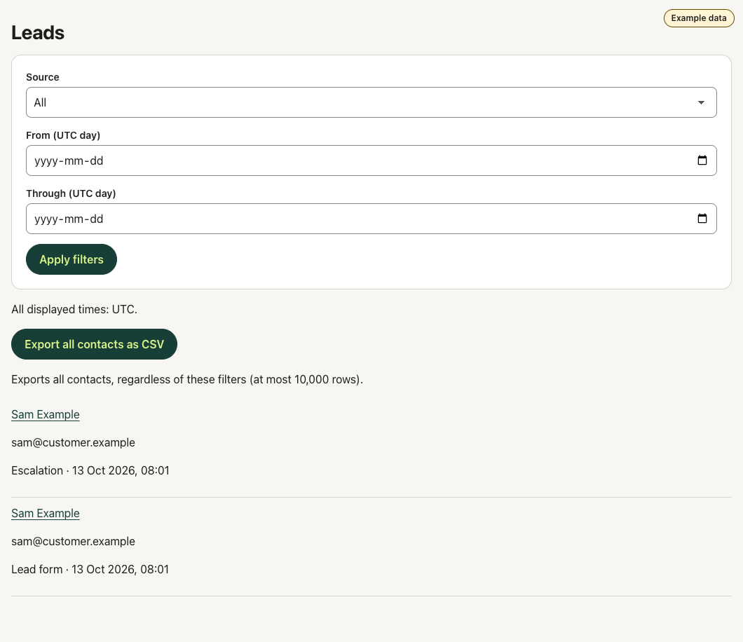 Admin: the lead list with filters, CSV export and two enquiries.
