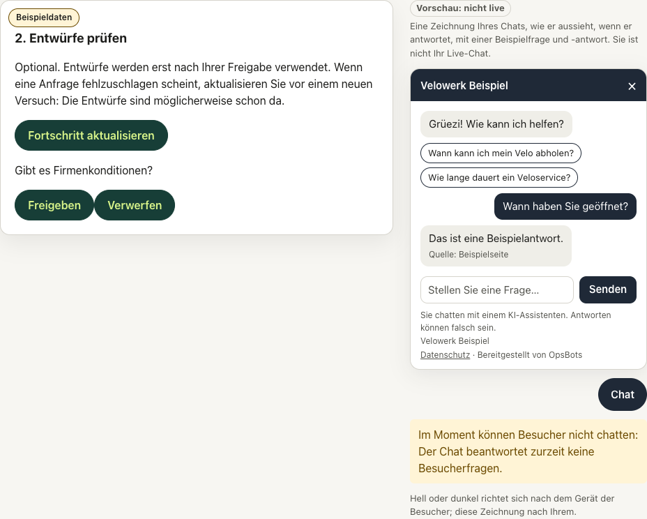Einrichtung, Schritt 2: Startfragen prüfen, daneben eine Vorschau des Website-Chats mit Ihren Farben und Fragen.