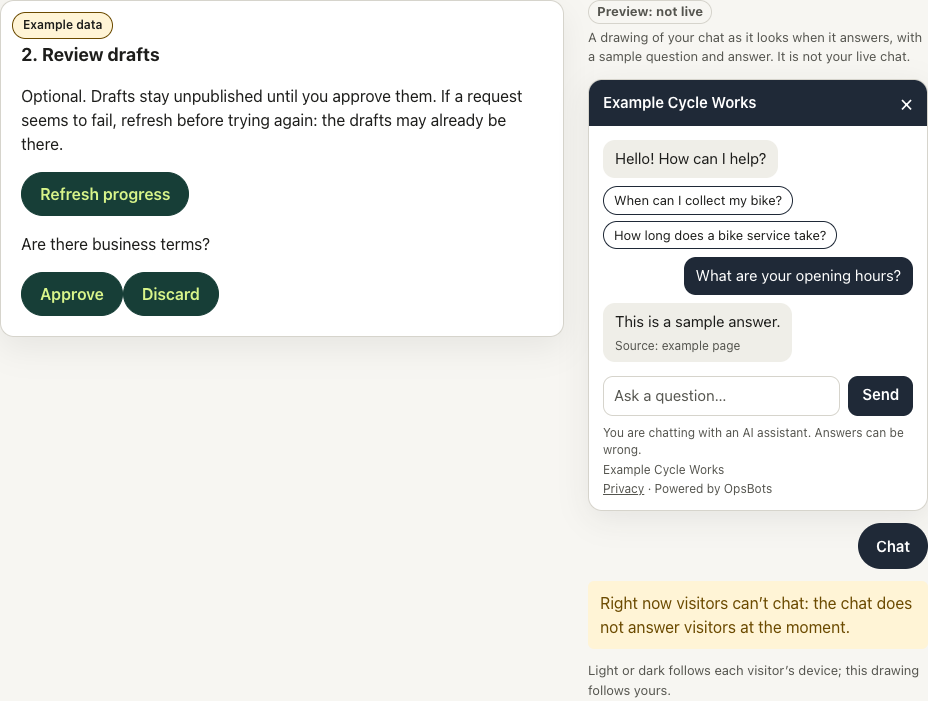 Setup, step 2: review the starter questions, next to a preview of the website chat with your colours and questions.